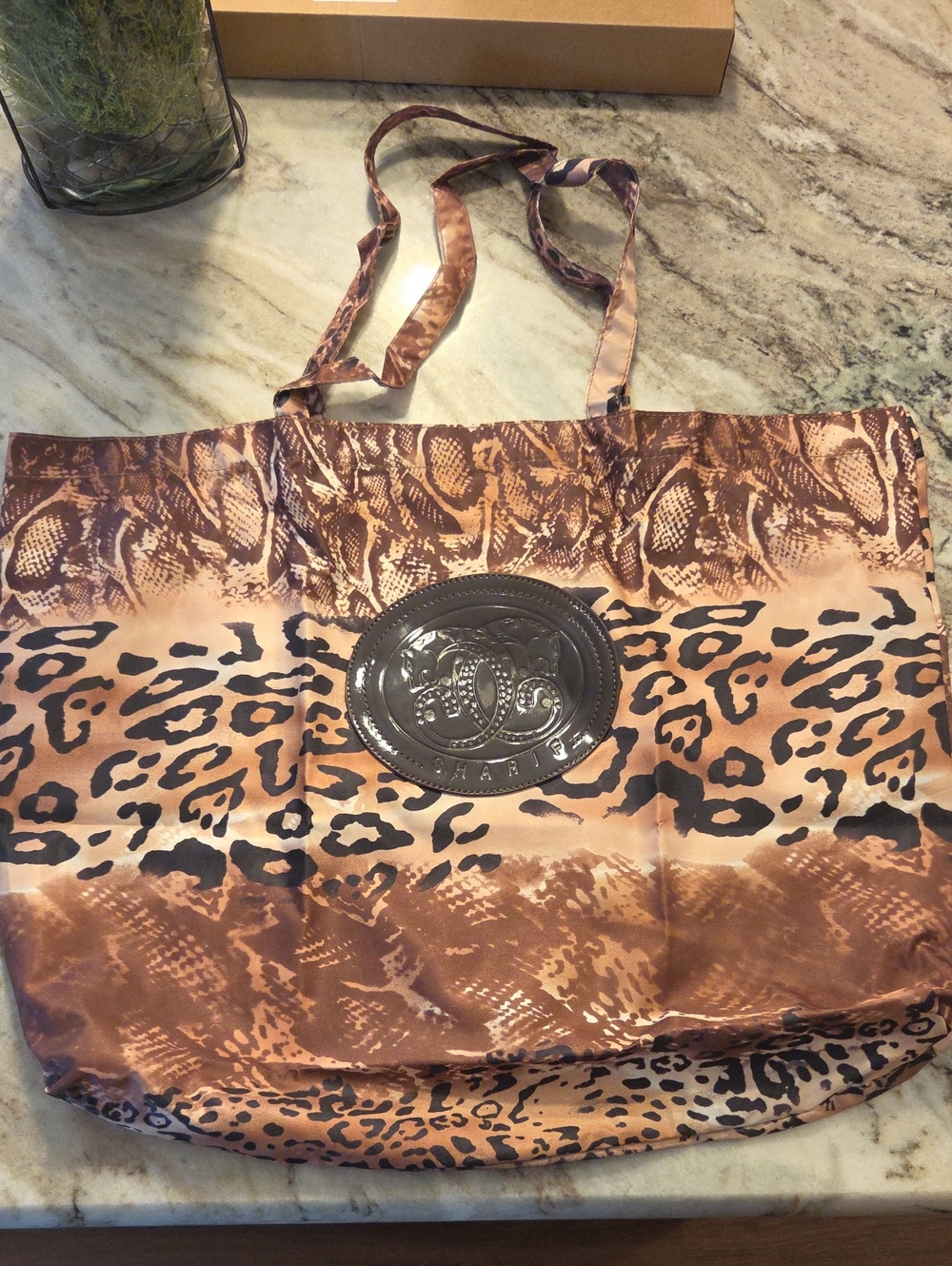 Sharif Brown Leopard-Print Satin Tote with Embossed Medallion